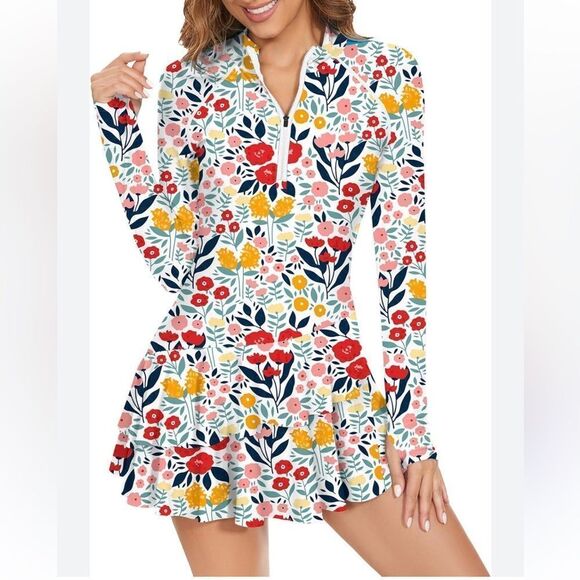 Bright Colored Floral Rashguard with front zip, thumb holes and 50+UPF- NWOT- Sm - Picture 3 of 13